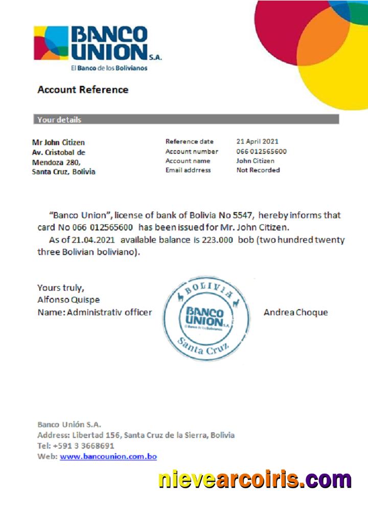 Bolivia Banko Union reference